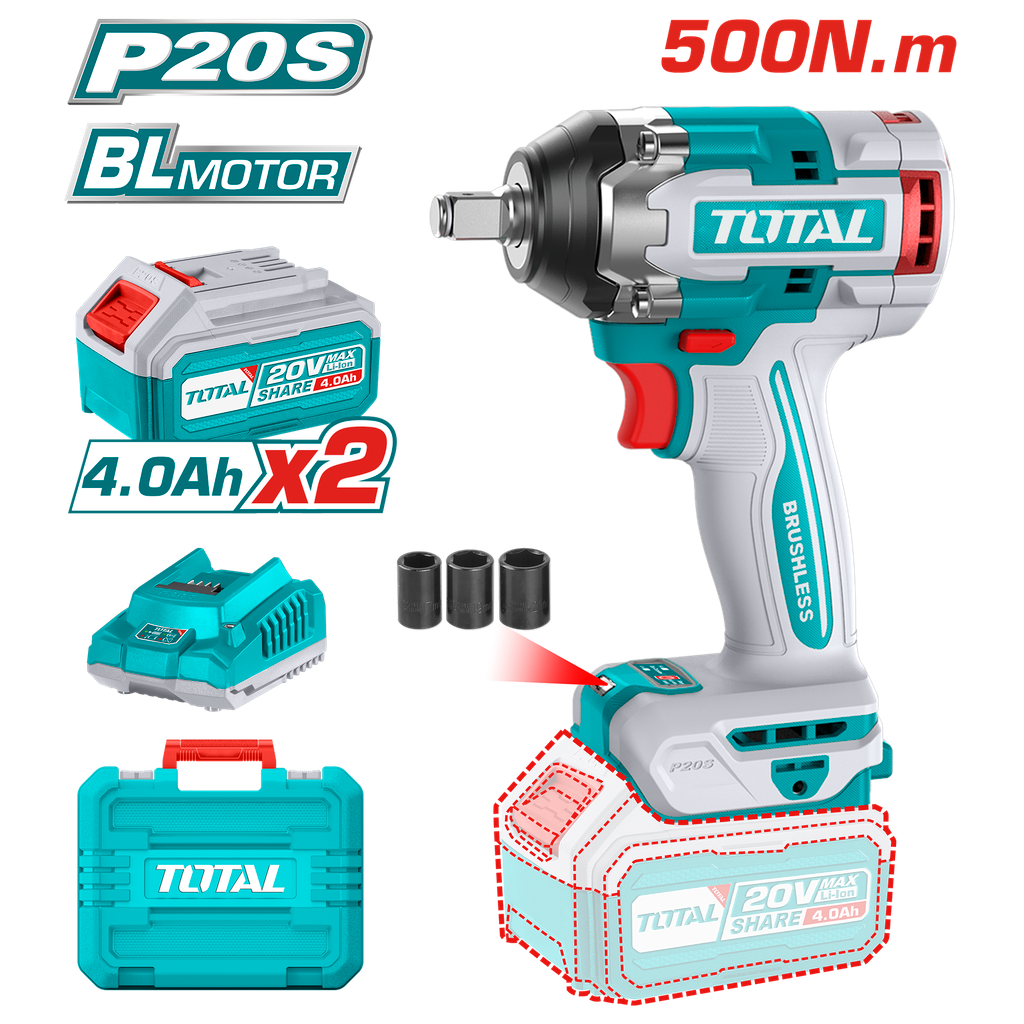 PISTOLA IMPACTO INALAMBRICA 1/2 20V 500 NM INCLUYE 2 BATERIAS 1 CARGADOR SUPER TOTAL (UTIWLI2050)