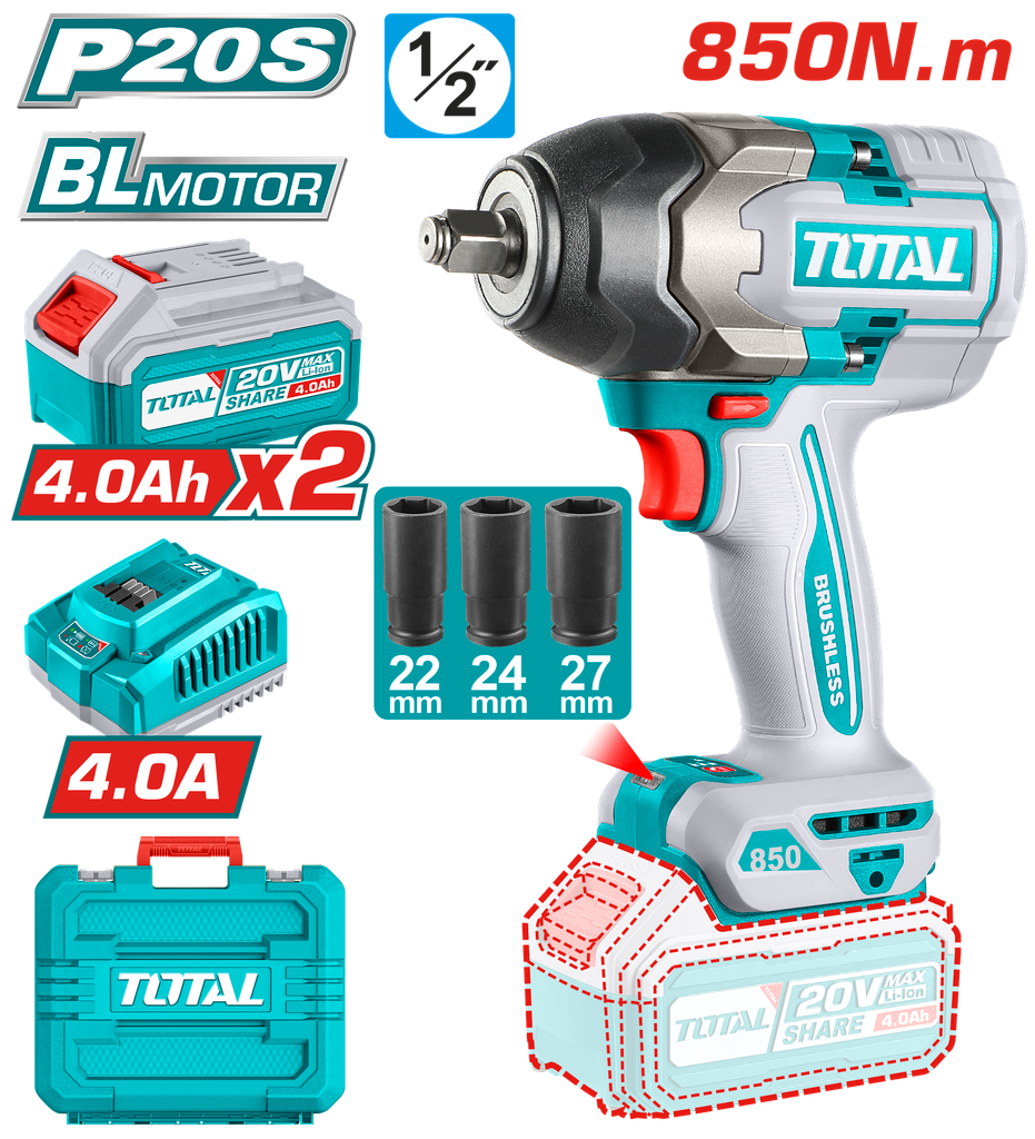 PISTOLA IMPACTO INALAMBRICA 1/2" 20V 850 NM INCLUYE 2 BATERIAS 1 CARGADOR INDUSTRIAL SUPER TOTAL (UTIWLI2085)