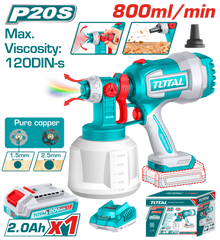 PISTOLA PINTAR INALAMBRICA 800ML 20V INCLUYE BATERIA 20V, CARGADOR, AGUJA DE LIMPIEZA Y DOS BOQUILLAS, TOTAL (UTSGLI20042)